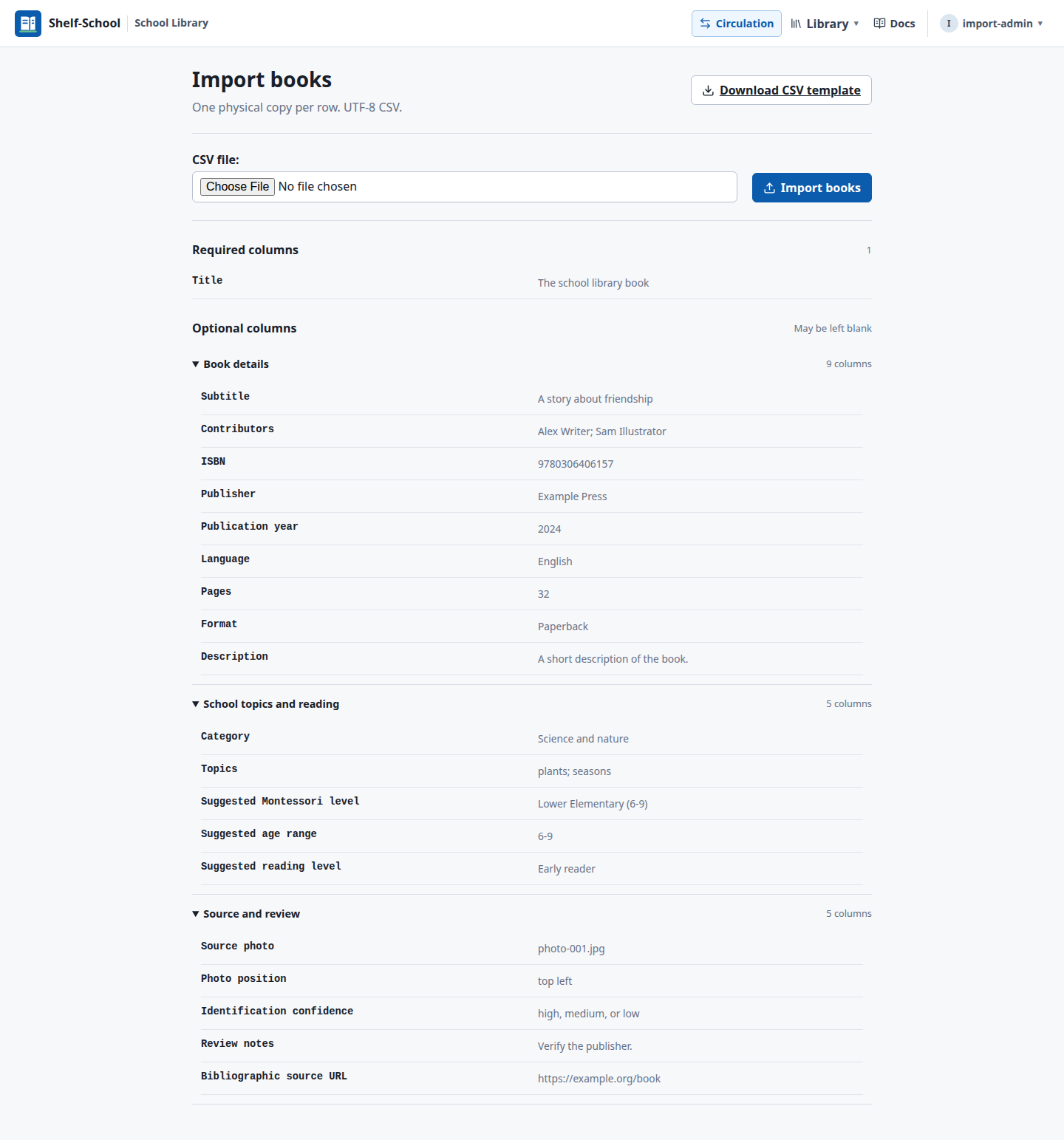 Book import with a CSV template download and grouped columns
