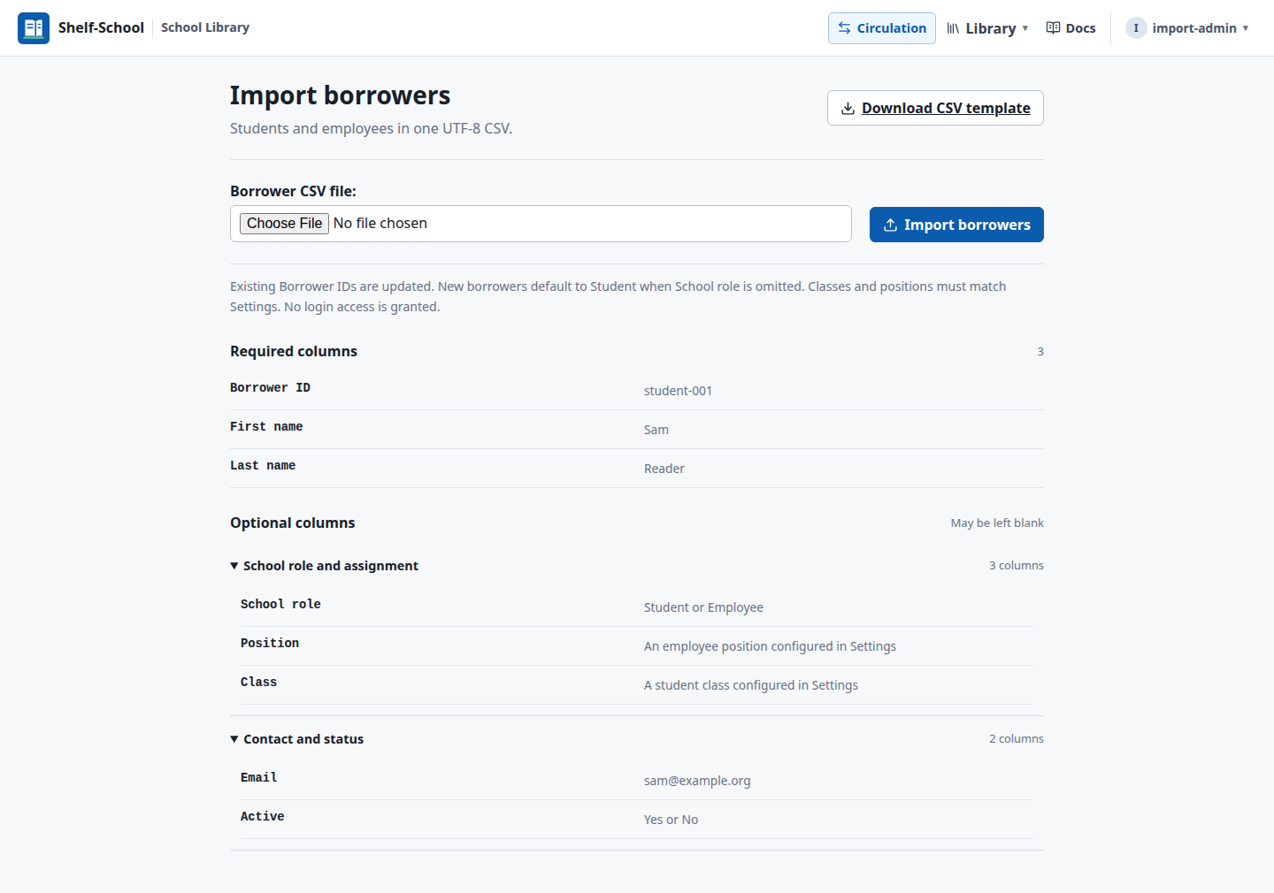 Borrower import with a CSV template download and grouped columns