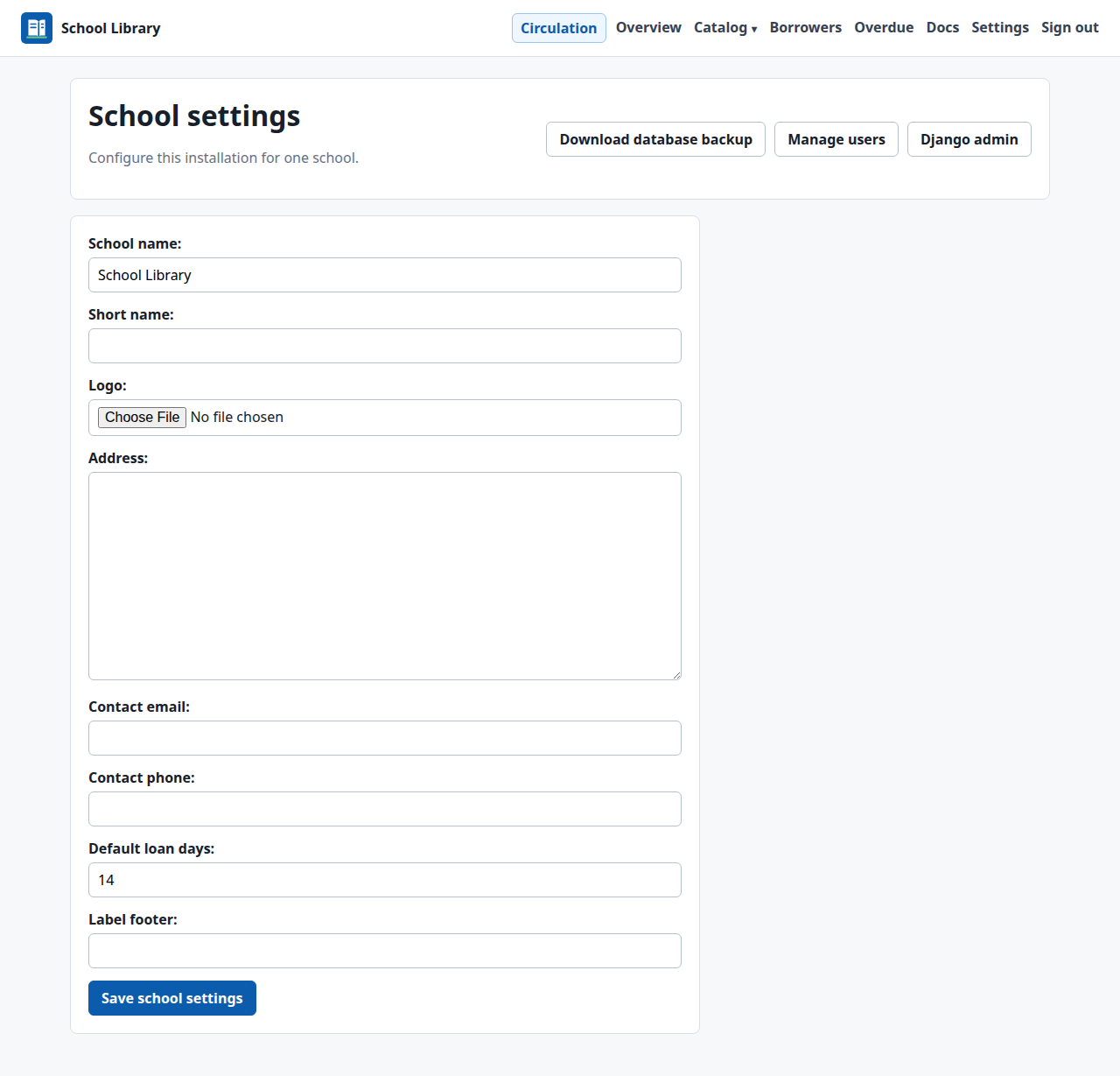 Shelf-School school settings screen