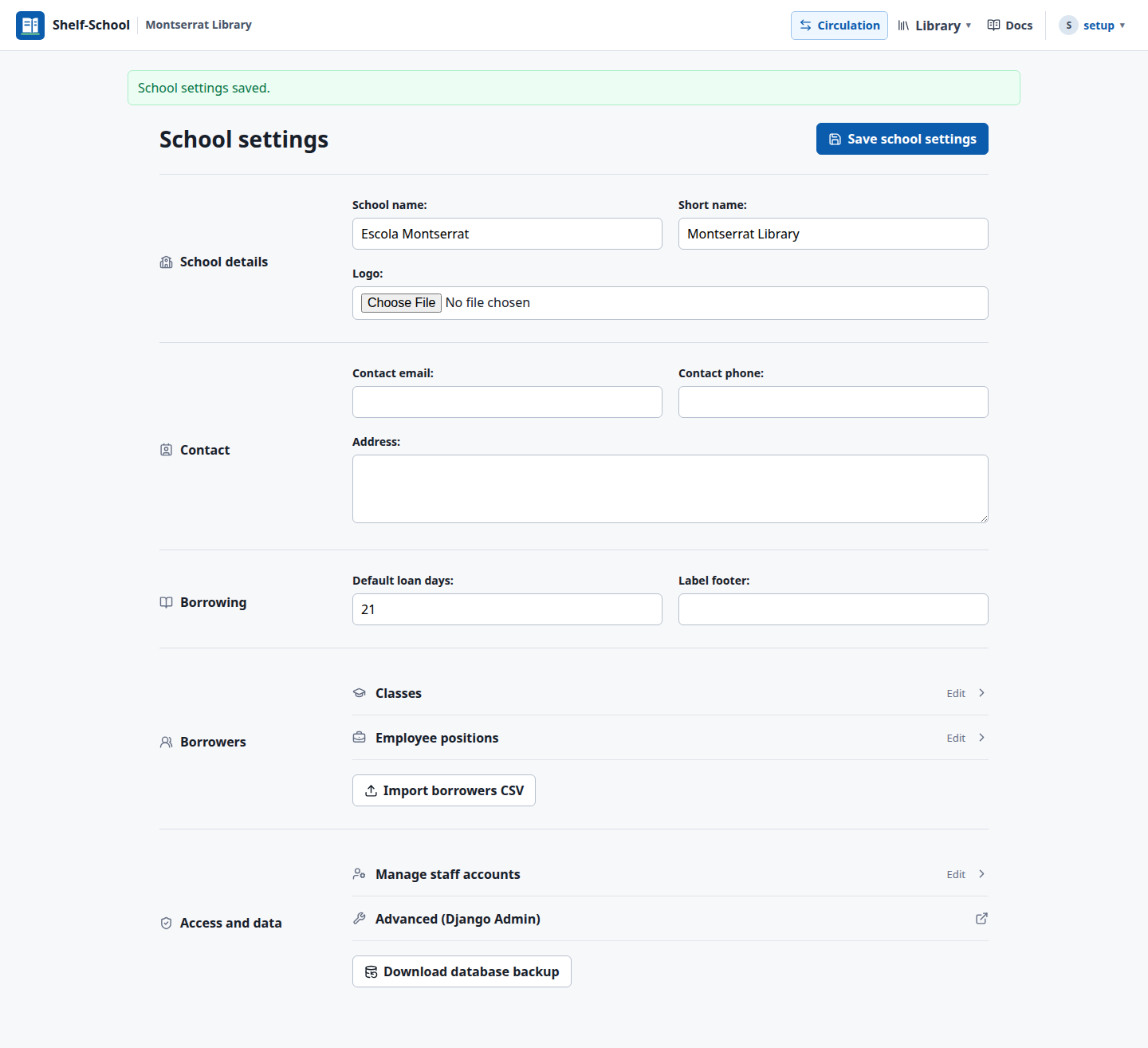 Shelf-School school settings screen