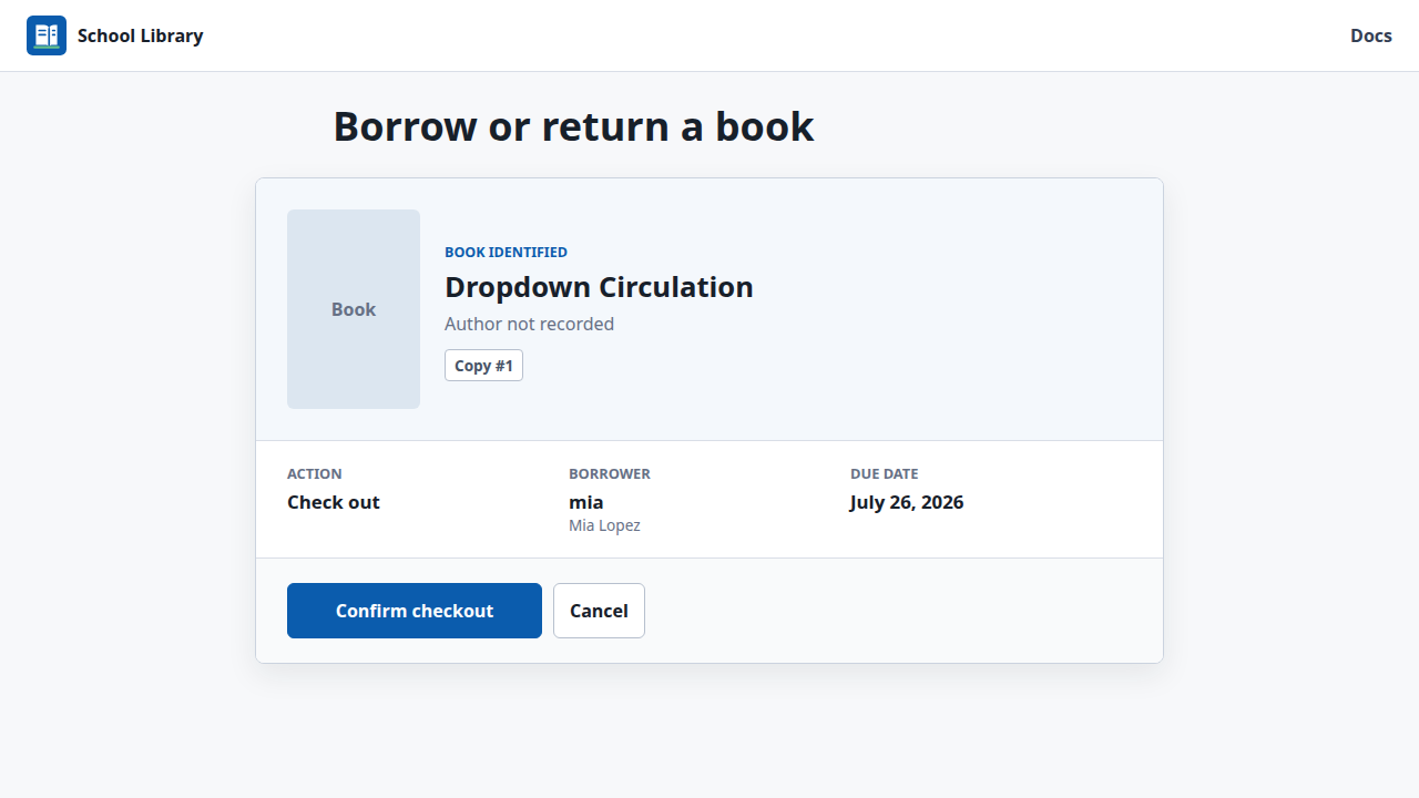 Shelf-School transaction confirmation screen